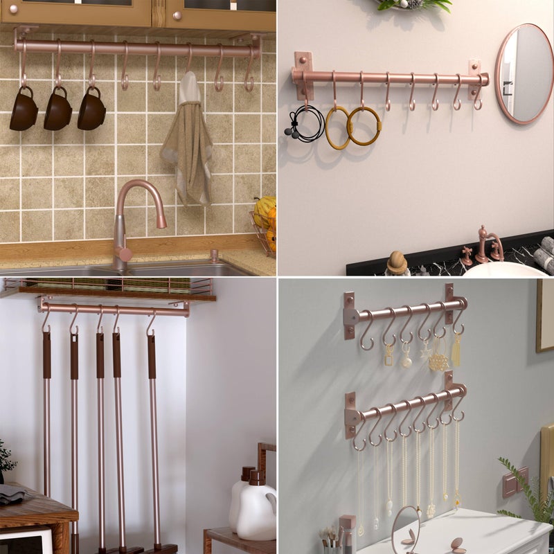 Dseap Kitchen Utensil Holder Hanger, Pot and Pan Rack Wall Mounted, Kitchen Rail with 8 Hooks for Hanging Cooking Utensils, Mugs, Spoons, Wall Mounted, Rose Gold - Image 4